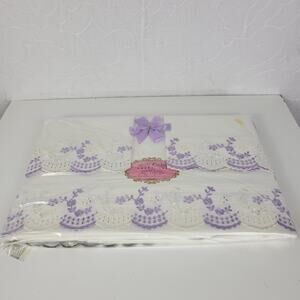 VTG Sheet Set Lilac Floral Embroidered Eyelet‎ Cotton Lady Orchid NEW Old Stock